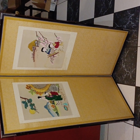 Vintage Korean 2 Panel Screen/Room Divider Embroidered, Scenes 40"x17" ea panel - Picture 1 of 8